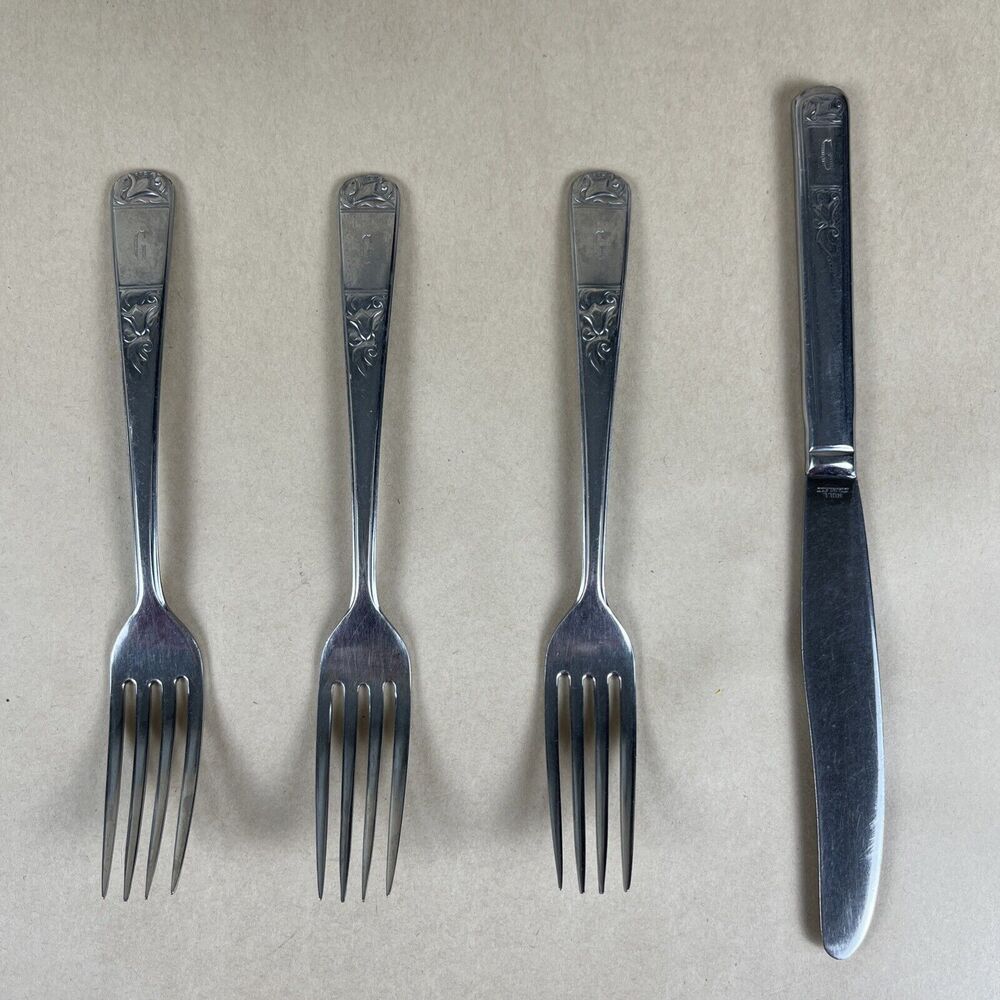 VTG HULL Lifetime Deluxe "TULIP" Stainless‎ 3 SPOON 7”, 1 Knife - "G" Monogram